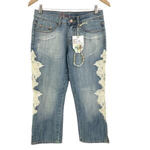 Fried Denim Women's Jeans Size 1/2 Lace Capri Crop Distressed Light Wash Stretch